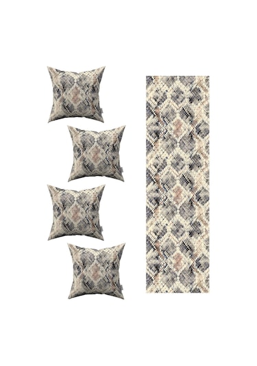 Kahverengi Gri Yılan Derisi Desenli 4'lü Kırlent Kılıfı 1 Runner Seti 4kmbs208-rs