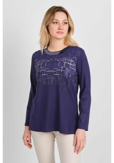 Detay Triko Kadın Taş Detaylı Desenli Yanları Yırtmaçlı Uzun Kol Anne Bluz 5741 Mor Mor