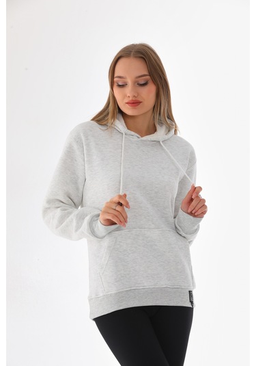 Everest Everst Kapüşonlu 3 İplik Şardonlu Cepli Sweatshirt Karmelanj Kar Melanj