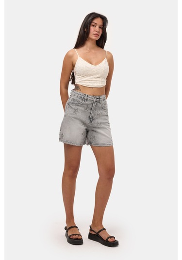 Itsbasic Kadın Füme T-4s6-12 Mom Relax Yıldız Detaylı Tasarım Denim Şort