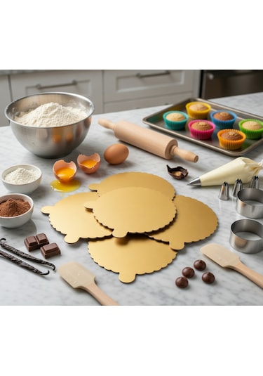 5 Adet Kulplu Sarı Yuvarlak Kalın Ekstra Dayanıklı Karton Pasta Altlığı 15 Cm Altın