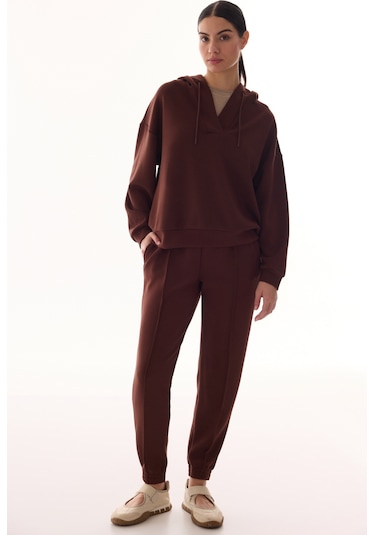 Penti Kahverengi V Yaka Oversize Kapüşonlu Sweatshirt