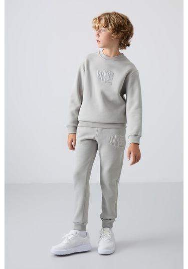 Tommy Life Taş Pamuklu Kalın İçi Tüylü Yumuşak Dokulu Standart Fit Baskılı Erkek Çocuk Eşofman Takım - 11253 Taş Rengi Taş