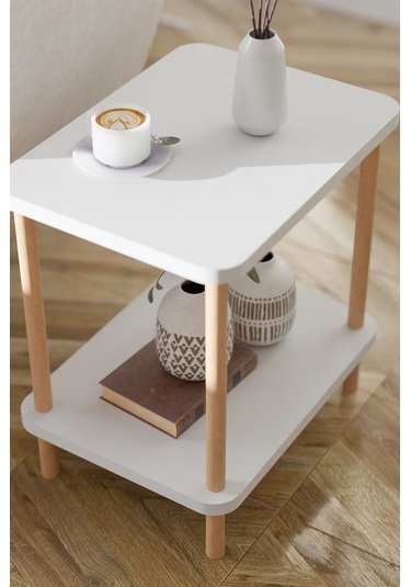 2 Raflı Yan Sehpa Geniş Gazetelik Kitaplık Çiçeklik -beyaz