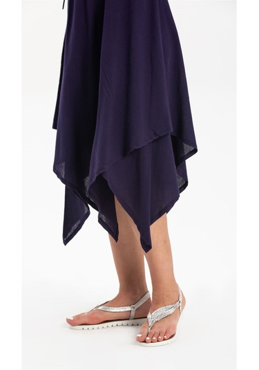 Kolsuz Şile Bezi Üçgen Katlı Midi Boy Elbise Mor Mor