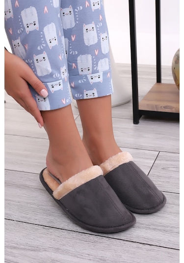 Wordex U050 Unisex Kışlık Ev İçi Terliği Kürklü Yünlü Terlik Gri