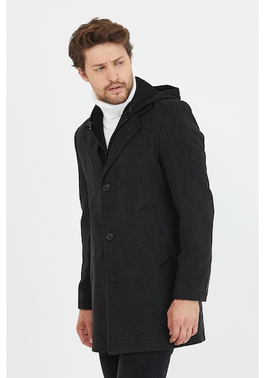 Erkek Antrasit Yün Karışımlı Kaşe Kapüşonlu Önü Fermuarlı Kaban Antrasit