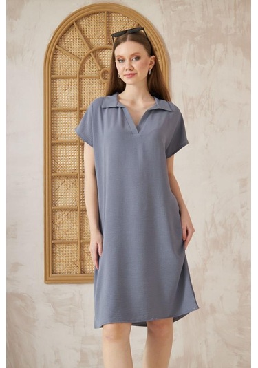 Kadın Bol Kesim Polo Yaka Kısa Kollu Günlük Kısa Midi Elbise Dizüstü 2883200 Gri