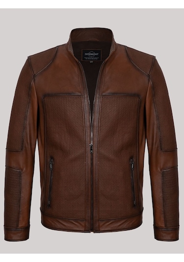 Hakiki Kuzu Derisi Fermuarlı İşlemeli Erkek Deri Mont Taba Taba