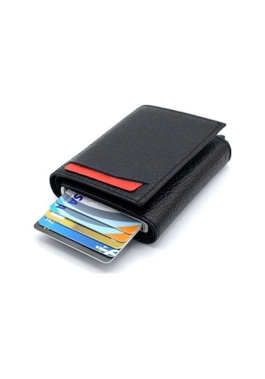 Brahma Model Unisex Vegan Deri Mekanizmalı Vegan Deri Rfıd Cüzdan Kartlık Portföy Siyah