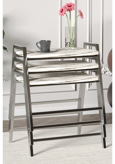 Zigon Sehpa , Aden 3'lü Tepsi Zigon Sehpa Takımı Gümüş Metal - Beyaz Mermer Tabla Gümüş-beyaz Mermer