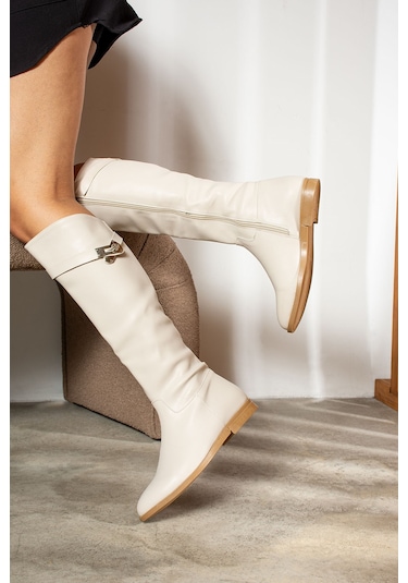 Günlük Kadın Diz Altı Çizme Alçak Topuklu Fermuarlı Tay Tüylü Astar Desenli Kaymaz Taban 2434 Bej