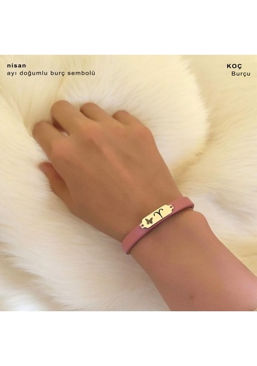 Archin Nisan Ayı Doğumlarına Kelebek Motifli 14 Ayar Altın Plakalı Koyu Pembe Derili Hediye Bileklik-654ay Nisan