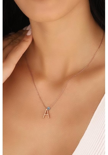 Nazar Boncuklu 3 Boyutlu Harf Kolye - A Rose Gold
