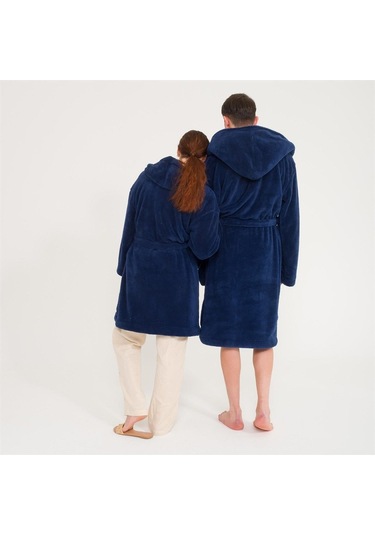 Uzun Kapüşonlu Welsoft Sabahlık Aile Seti-Lacivert
