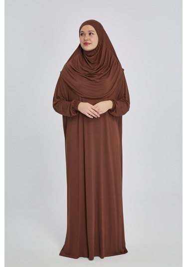 Pratik Başörtülü Rahat Giyilebilen Organik Tek Parça Namaz Elbisesi Çikolata