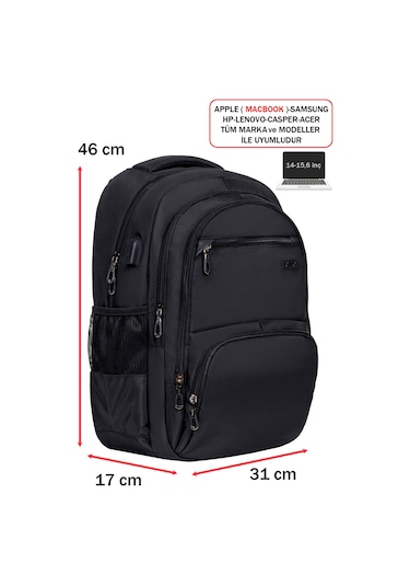 Dada 04 Siyah Laptop Sırt Çantası 14-15,6 İnç Usb Aparat Ortopedik Sırt  Darbe Emici Koruma