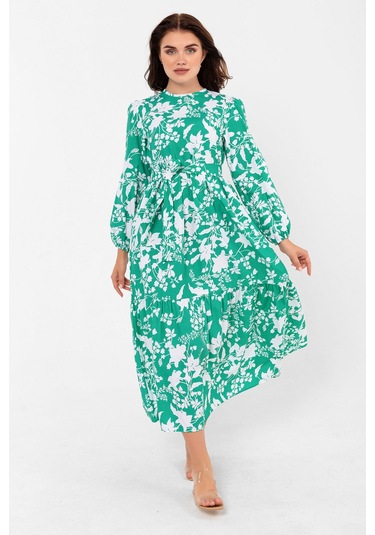 Yaprak Desenli Renkli Pamuklu Yazlık Baharlık Kuşaklı Elbise 2101 Yeşil