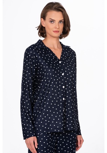Kadın Süet Önden Düğmeli Pijama Takımı Kalpli Lacivert Kalp Lacivert