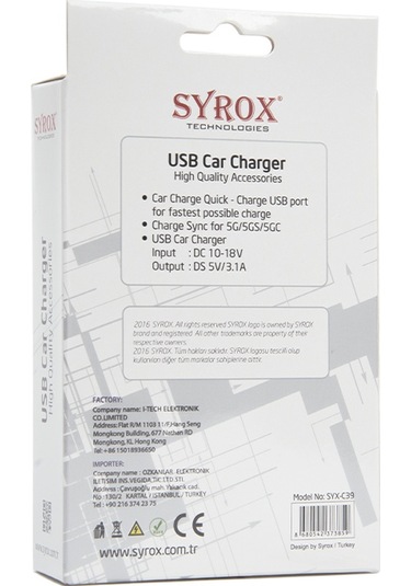 Syrox C39 Araç Içi Şarj Aleti Iph Lightning Sabit Kablo+Usb 3.1A