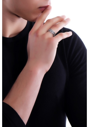 Erkek Antik Gümüş Kaplama Ejderha Baskılı  Yüzük Çok Renkli