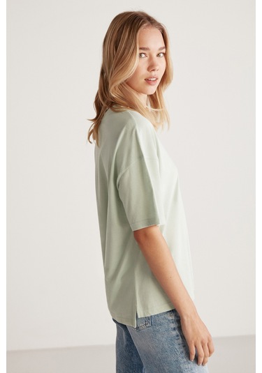 Jemmy Kadın Relaxed Kalıp Bisiklet Yaka %100 Pamuk Kısa Kollu Basic Mint Yeşil T-shirt