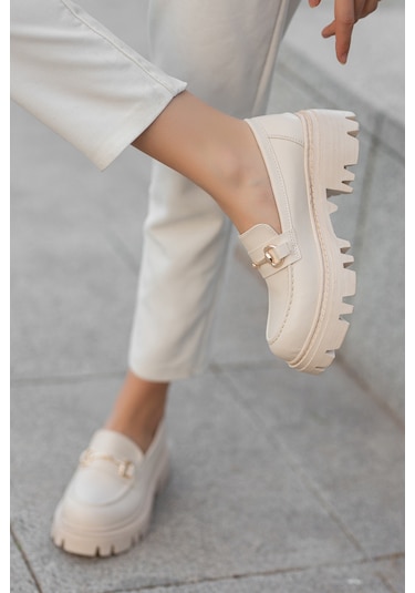 Garantili D124 Kadın Kalın Taban Zincirli Loafer Günlük Ayakkabı Bej
