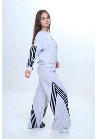 Kız Çocuk %100 Pamuk Şeritli Oversize 2 İplik Alt&üst Eşofman Takımı-305-eşt-0009 Gri