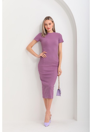 Mor Kısa Kollu Diz Altı Fitilli Esnek Kalem Elbise - 130 Cm