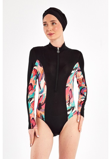 3 Farklı Şekilde Giyilebilir Likralı Etekli Tesettür Mayo Dora 2111 Siyah Siyah