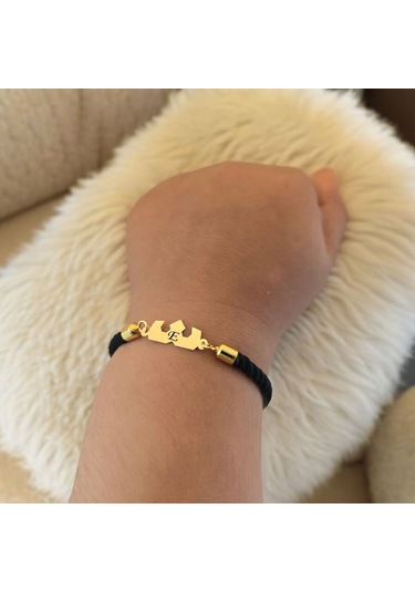 E Harfine Özel 14 Ayar Altın Plakalı Siyah İpek Örgülü Taç Figürlü Hediye Bileklik-507harf E