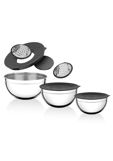 Hascevher 9 Pcs Saklama Ve Karıştırma Seti Rendeli 16/20/24 Renk: Siyah Çelik - Siyah