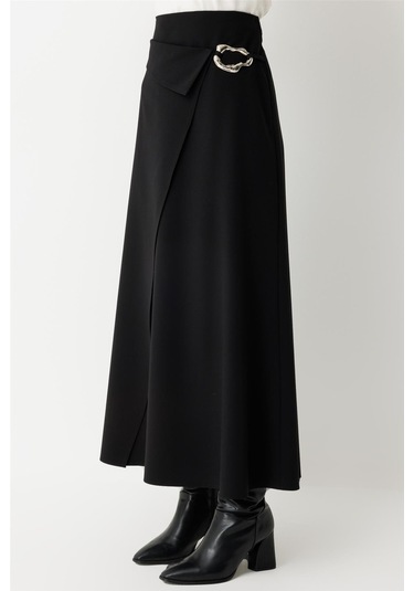 Toka Detaylı Anvelop Kapamalı Etek Siyah Siyah