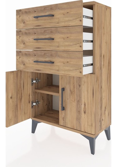 Arges Komodin Tek Raflı 3 Çekmeceli 2 Kapaklı 60x30x106 Çam-çam Çam