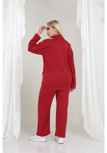 Kadın Büyük Beden Fermuarlı Uzun Kollu Rahat Günlük Eşofman Takım Bordo