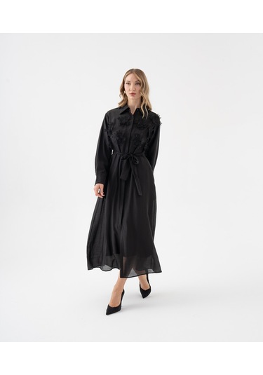 3d Çiçek Aplikeli Kuşaklı Gömlek Elbise Siyah