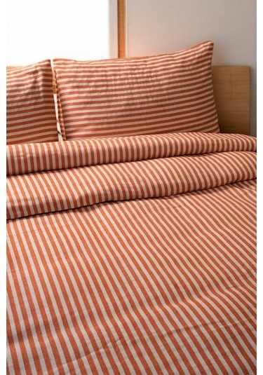 Turuncu Çizgili Keten Nevresim Yastık Seti 200x220 Cm Renkli