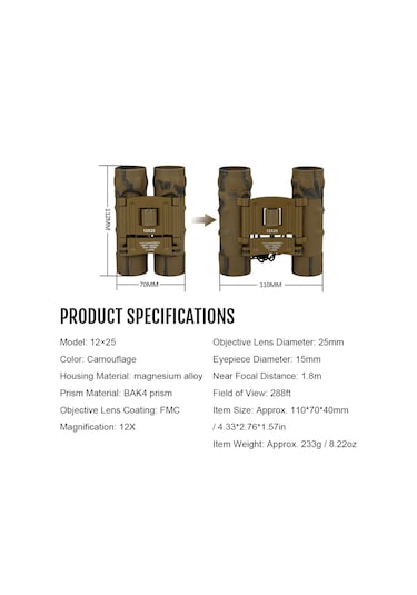 Yaozixa Kamuflaj Bak4 Prisma Binokül, 12x25 Fmc Kaplama, Yüksek Kaliteli Görüntü, Işık Geçirgenliği 90%, Dış Mekan, Av, Kusbakımı, Siyah Beyaz Görüş