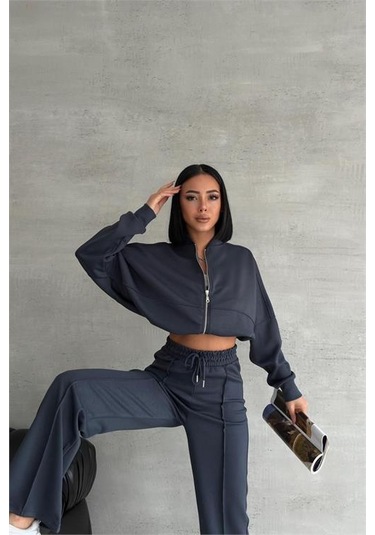 Neşeli Butik Kadın Likralı Yazlık Kumaş Çımalı Eşofman Takımı Nbg001 Antrasit