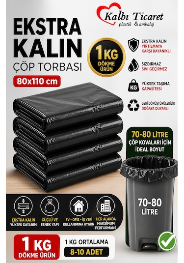 Ekstra Kalın Çöp Torbası 80x110 Cm Siyah Çöp Poşeti 1 Kg Dökme