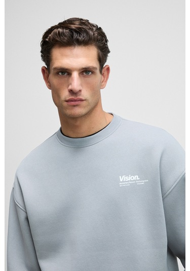 Ernest Erkek Organik Pamuklu Yumuşacık Baskı Detaylı Bisiklet Yaka İçi Polarlı Açık Gri Sweatshirt