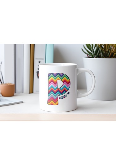 P Harfi Renkli Zigzag Desenli Kupa Bardak - Afrika Tarz Etnik Tasarım Kupa - Kişiye Özel Beyaz