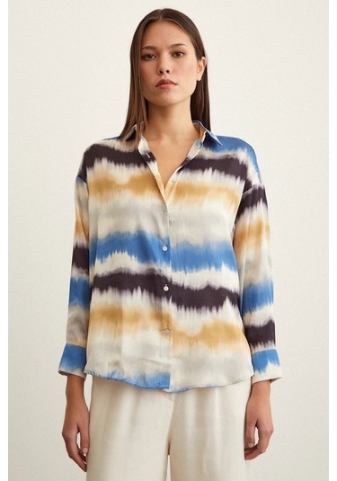 Kadın Uzun Kol Sulu Boya Desenli Renkli Pamuk Saten Premium Kalite Spor Şık Gömlek Mavi