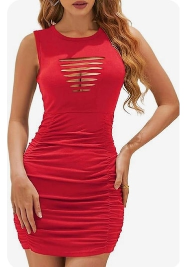 Kadın Askılı Bisiklet Yaka Lazer Dekolte Detaylı Kısa Janjan Krep Elbise Kırmızı