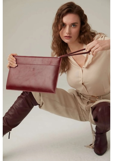 Beverly Kadın Bordo Deri Cepli Fermuarlı Rfid Korumalı Portföy Çanta Bordo