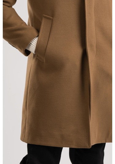 Yakalı Klasik Kesim Düğmeli Uzun Kaşe Erkek Kaban Taba