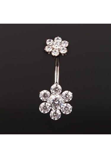 Yüksek Kalite G23 Titanium Zirkon Taşlı Çiçek Titanyum Göbek Piercingi Gümüş
