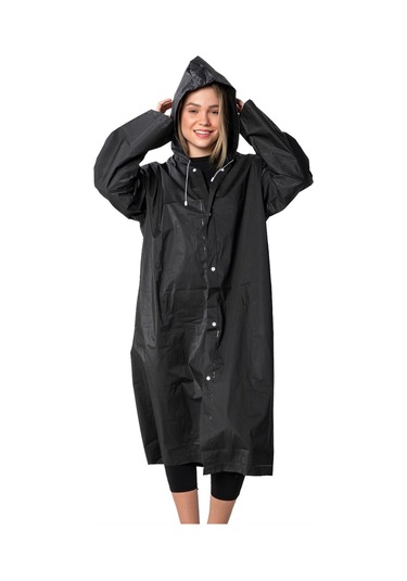Marlux Unisex Su Rüzgar Geçirmez Kapüşonlu Çıtçıt Düğme Eva Yağmurluk - Siyah - Beyaz