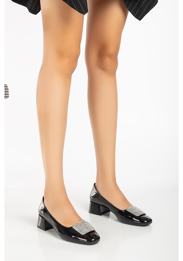 Büyük Numara Rugan Kare Taşlı Siyah Kadın Kısa Topuklu Ayakkabı-3147-sıyah Siyah