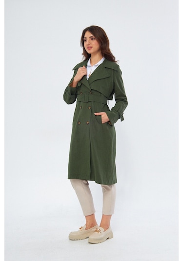 Pastelastore %100 Pamuk Gabardin Uzun 110cm Astarlı Kemerli Kadın Trençkot 1111 Koyu Haki